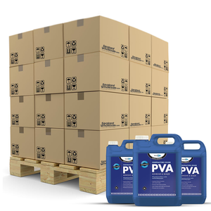 Stack of cardboard boxes on a pallet with blue PVA containers in front